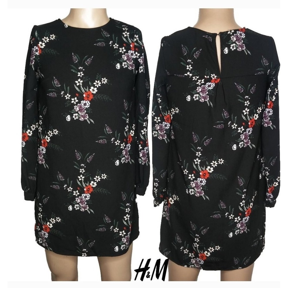 H & M Dress Black Floral Mini Dress Size 2 Long Sleeve